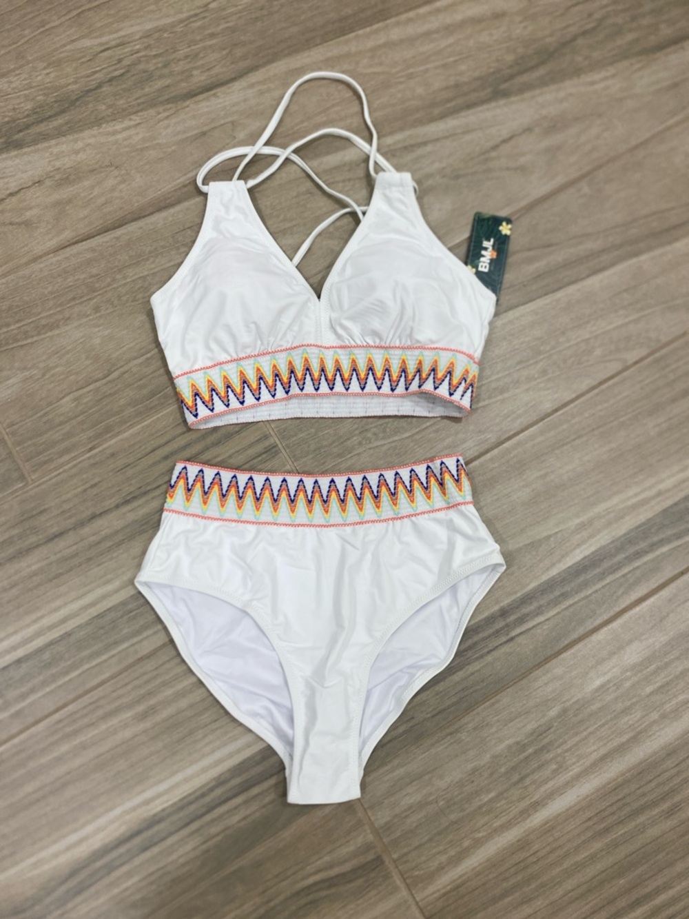 White Two-Piece Bikini Set with Rainbow Embroidered Trim